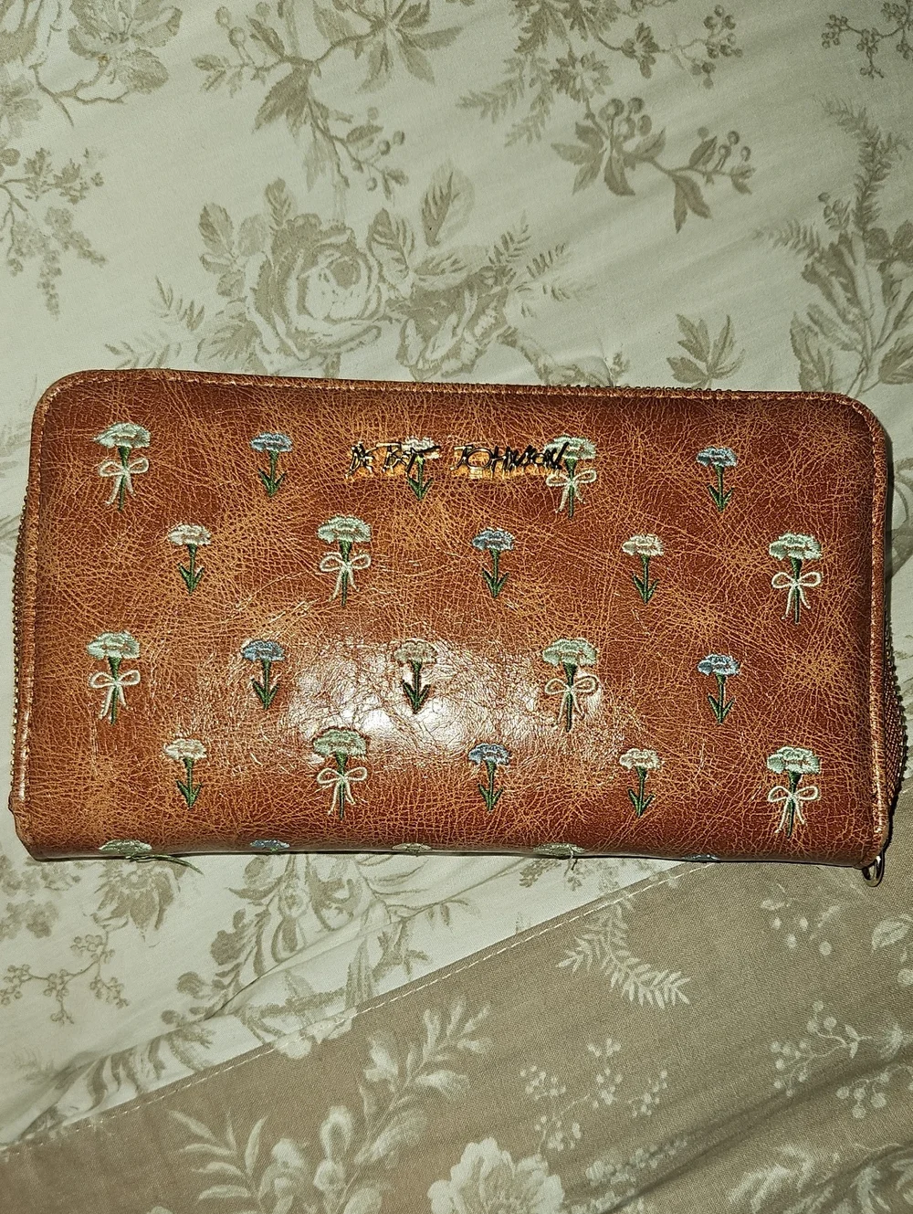 Betsey Johnson Brown Floral Embroidered Zip Wallet
